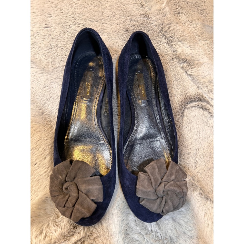 Authentic Louis Vuitton Suede Ballet Flats shoes Navy Blue Flower Accent Size 38